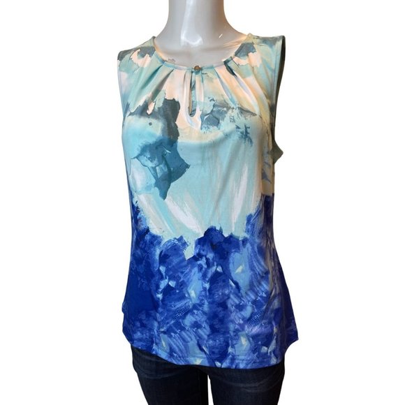 Tahari Womens Tie Dye Tank Top Pleated Neck 7289M480 Sleeveless Blue White SZ S - Picture 1 of 7